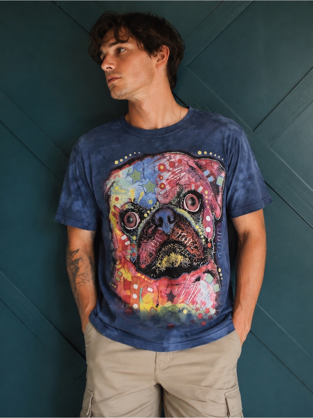 The Mountain Dean Russo Russo Pug Blue Tie-Dye Graphic T-Shirt Size M